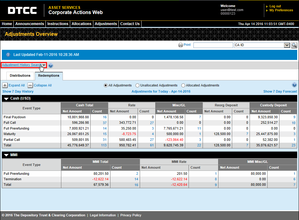 Performing an Adjustment History Search